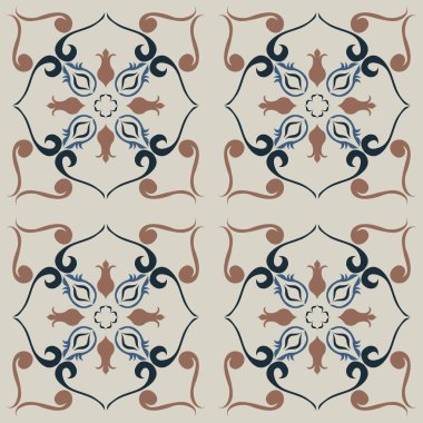 Eski seramik ve Akdeniz dekoratif tasarımından esinlenen çiçek ve geometrik motifleri içeren Retro Pürüzsüz döşeme desenleri. Duvar kağıdı, tekstil, kumaş, ev dekorasyonu, ambalaj kağıdı, arkaplan, yüzey deseni tasarımı için uygun