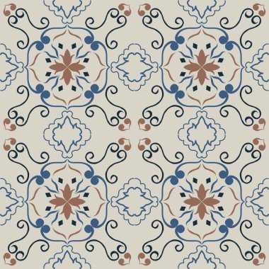 Eski seramik ve Akdeniz dekoratif tasarımından esinlenen çiçek ve geometrik motifleri içeren Retro Pürüzsüz döşeme desenleri. Duvar kağıdı, tekstil, kumaş, ev dekorasyonu, ambalaj kağıdı, arkaplan, yüzey deseni tasarımı için uygun