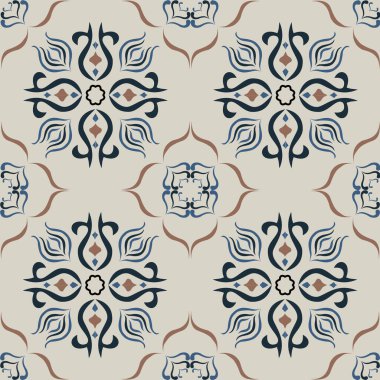 Eski seramik ve Akdeniz dekoratif tasarımından esinlenen çiçek ve geometrik motifleri içeren Retro Pürüzsüz döşeme desenleri. Duvar kağıdı, tekstil, kumaş, ev dekorasyonu, ambalaj kağıdı, arkaplan, yüzey deseni tasarımı için uygun