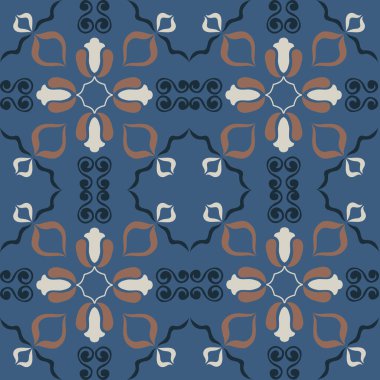 Eski seramik ve Akdeniz dekoratif tasarımından esinlenen çiçek ve geometrik motifleri içeren Retro Pürüzsüz döşeme desenleri. Duvar kağıdı, tekstil, kumaş, ev dekorasyonu, ambalaj kağıdı, arkaplan, yüzey deseni tasarımı için uygun