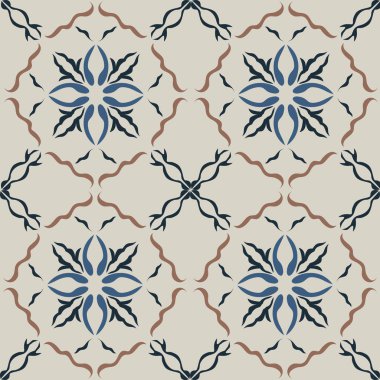 Eski seramik ve Akdeniz dekoratif tasarımından esinlenen çiçek ve geometrik motifleri içeren Retro Pürüzsüz döşeme desenleri. Duvar kağıdı, tekstil, kumaş, ev dekorasyonu, ambalaj kağıdı, arkaplan, yüzey deseni tasarımı için uygun