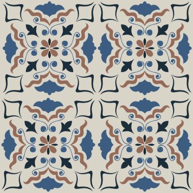 Eski seramik ve Akdeniz dekoratif tasarımından esinlenen çiçek ve geometrik motifleri içeren Retro Pürüzsüz döşeme desenleri. Duvar kağıdı, tekstil, kumaş, ev dekorasyonu, ambalaj kağıdı, arkaplan, yüzey deseni tasarımı için uygun