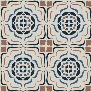 Eski seramik ve Akdeniz dekoratif tasarımından esinlenen çiçek ve geometrik motifleri içeren Retro Pürüzsüz döşeme desenleri. Duvar kağıdı, tekstil, kumaş, ev dekorasyonu, ambalaj kağıdı, arkaplan, yüzey deseni tasarımı için uygun