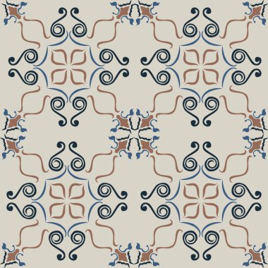 Eski seramik ve Akdeniz dekoratif tasarımından esinlenen çiçek ve geometrik motifleri içeren Retro Pürüzsüz döşeme desenleri. Duvar kağıdı, tekstil, kumaş, ev dekorasyonu, ambalaj kağıdı, arkaplan, yüzey deseni tasarımı için uygun