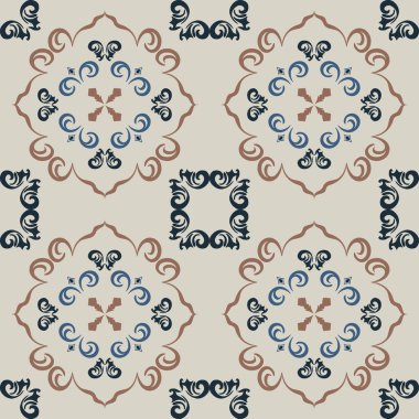 Eski seramik ve Akdeniz dekoratif tasarımından esinlenen çiçek ve geometrik motifleri içeren Retro Pürüzsüz döşeme desenleri. Duvar kağıdı, tekstil, kumaş, ev dekorasyonu, ambalaj kağıdı, arkaplan, yüzey deseni tasarımı için uygun