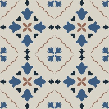 Eski seramik ve Akdeniz dekoratif tasarımından esinlenen çiçek ve geometrik motifleri içeren Retro Pürüzsüz döşeme desenleri. Duvar kağıdı, tekstil, kumaş, ev dekorasyonu, ambalaj kağıdı, arkaplan, yüzey deseni tasarımı için uygun