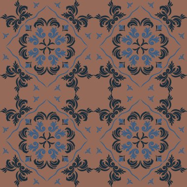 Eski seramik ve Akdeniz dekoratif tasarımından esinlenen çiçek ve geometrik motifleri içeren Retro Pürüzsüz döşeme desenleri. Duvar kağıdı, tekstil, kumaş, ev dekorasyonu, ambalaj kağıdı, arkaplan, yüzey deseni tasarımı için uygun