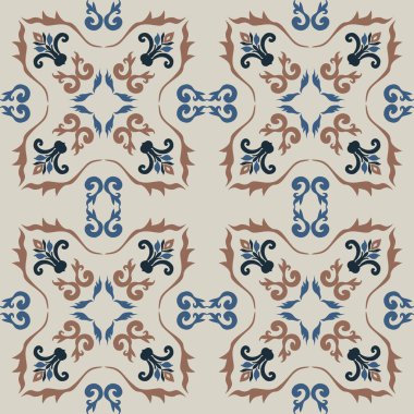 Eski seramik ve Akdeniz dekoratif tasarımından esinlenen çiçek ve geometrik motifleri içeren Retro Pürüzsüz döşeme desenleri. Duvar kağıdı, tekstil, kumaş, ev dekorasyonu, ambalaj kağıdı, arkaplan, yüzey deseni tasarımı için uygun