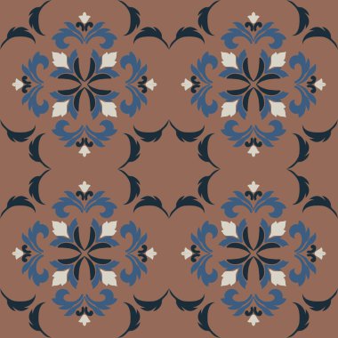 Eski seramik ve Akdeniz dekoratif tasarımından esinlenen çiçek ve geometrik motifleri içeren Retro Pürüzsüz döşeme desenleri. Duvar kağıdı, tekstil, kumaş, ev dekorasyonu, ambalaj kağıdı, arkaplan, yüzey deseni tasarımı için uygun