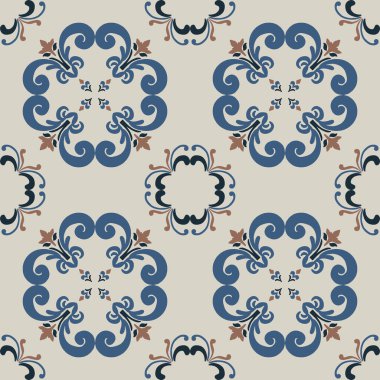 Eski seramik ve Akdeniz dekoratif tasarımından esinlenen çiçek ve geometrik motifleri içeren Retro Pürüzsüz döşeme desenleri. Duvar kağıdı, tekstil, kumaş, ev dekorasyonu, ambalaj kağıdı, arkaplan, yüzey deseni tasarımı için uygun