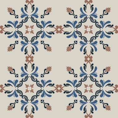 Eski seramik ve Akdeniz dekoratif tasarımından esinlenen çiçek ve geometrik motifleri içeren Retro Pürüzsüz döşeme desenleri. Duvar kağıdı, tekstil, kumaş, ev dekorasyonu, ambalaj kağıdı, arkaplan, yüzey deseni tasarımı için uygun