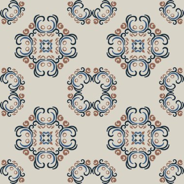 Eski seramik ve Akdeniz dekoratif tasarımından esinlenen çiçek ve geometrik motifleri içeren Retro Pürüzsüz döşeme desenleri. Duvar kağıdı, tekstil, kumaş, ev dekorasyonu, ambalaj kağıdı, arkaplan, yüzey deseni tasarımı için uygun