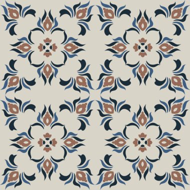 Eski seramik ve Akdeniz dekoratif tasarımından esinlenen çiçek ve geometrik motifleri içeren Retro Pürüzsüz döşeme desenleri. Duvar kağıdı, tekstil, kumaş, ev dekorasyonu, ambalaj kağıdı, arkaplan, yüzey deseni tasarımı için uygun