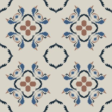 Çiçek ve geometrik motiflerle süslenmiş, klasik seramik ve Akdeniz dekoratif tasarımından esinlenmiş dünyevi, pürüzsüz fayans desenleri. Duvar kağıdı, tekstil, kumaş, ev dekorasyonu, ambalaj kağıdı, arkaplan, yüzey deseni tasarımı için uygun