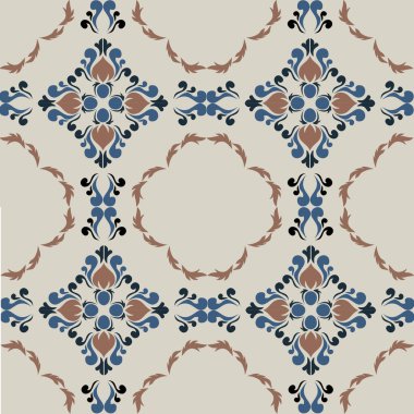 Çiçek ve geometrik motiflerle süslenmiş, klasik seramik ve Akdeniz dekoratif tasarımından esinlenmiş dünyevi, pürüzsüz fayans desenleri. Duvar kağıdı, tekstil, kumaş, ev dekorasyonu, ambalaj kağıdı, arkaplan, yüzey deseni tasarımı için uygun