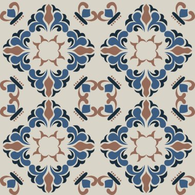 Çiçek ve geometrik motiflerle süslenmiş, klasik seramik ve Akdeniz dekoratif tasarımından esinlenmiş dünyevi, pürüzsüz fayans desenleri. Duvar kağıdı, tekstil, kumaş, ev dekorasyonu, ambalaj kağıdı, arkaplan, yüzey deseni tasarımı için uygun