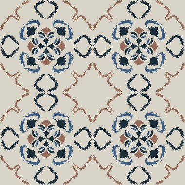 Çiçek ve geometrik motiflerle süslenmiş, klasik seramik ve Akdeniz dekoratif tasarımından esinlenmiş dünyevi, pürüzsüz fayans desenleri. Duvar kağıdı, tekstil, kumaş, ev dekorasyonu, ambalaj kağıdı, arkaplan, yüzey deseni tasarımı için uygun