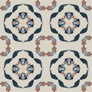 Çiçek ve geometrik motiflerle süslenmiş, klasik seramik ve Akdeniz dekoratif tasarımından esinlenmiş dünyevi, pürüzsüz fayans desenleri. Duvar kağıdı, tekstil, kumaş, ev dekorasyonu, ambalaj kağıdı, arkaplan, yüzey deseni tasarımı için uygun