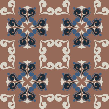 Çiçek ve geometrik motiflerle süslenmiş, klasik seramik ve Akdeniz dekoratif tasarımından esinlenmiş dünyevi, pürüzsüz fayans desenleri. Duvar kağıdı, tekstil, kumaş, ev dekorasyonu, ambalaj kağıdı, arkaplan, yüzey deseni tasarımı için uygun