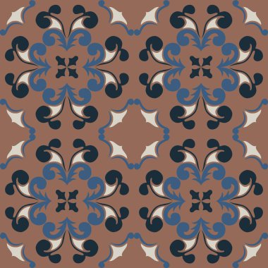 Çiçek ve geometrik motiflerle süslenmiş, klasik seramik ve Akdeniz dekoratif tasarımından esinlenmiş dünyevi, pürüzsüz fayans desenleri. Duvar kağıdı, tekstil, kumaş, ev dekorasyonu, ambalaj kağıdı, arkaplan, yüzey deseni tasarımı için uygun