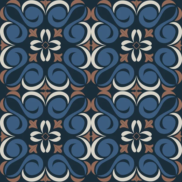 Eski seramik ve Akdeniz dekoratif tasarımından esinlenen çiçek ve geometrik motifleri içeren Retro Pürüzsüz döşeme desenleri. Duvar kağıdı, tekstil, kumaş, ev dekorasyonu, ambalaj kağıdı, arkaplan, yüzey deseni tasarımı için uygun