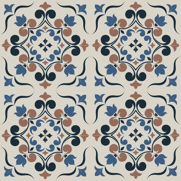 Eski seramik ve Akdeniz dekoratif tasarımından esinlenen çiçek ve geometrik motifleri içeren Retro Pürüzsüz döşeme desenleri. Duvar kağıdı, tekstil, kumaş, ev dekorasyonu, ambalaj kağıdı, arkaplan, yüzey deseni tasarımı için uygun