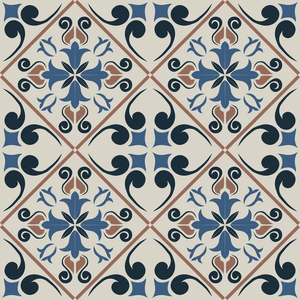 Eski seramik ve Akdeniz dekoratif tasarımından esinlenen çiçek ve geometrik motifleri içeren Retro Pürüzsüz döşeme desenleri. Duvar kağıdı, tekstil, kumaş, ev dekorasyonu, ambalaj kağıdı, arkaplan, yüzey deseni tasarımı için uygun