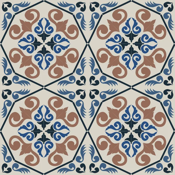 Eski seramik ve Akdeniz dekoratif tasarımından esinlenen çiçek ve geometrik motifleri içeren Retro Pürüzsüz döşeme desenleri. Duvar kağıdı, tekstil, kumaş, ev dekorasyonu, ambalaj kağıdı, arkaplan, yüzey deseni tasarımı için uygun