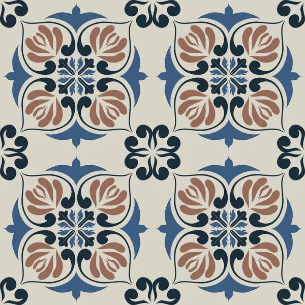 Eski seramik ve Akdeniz dekoratif tasarımından esinlenen çiçek ve geometrik motifleri içeren Retro Pürüzsüz döşeme desenleri. Duvar kağıdı, tekstil, kumaş, ev dekorasyonu, ambalaj kağıdı, arkaplan, yüzey deseni tasarımı için uygun