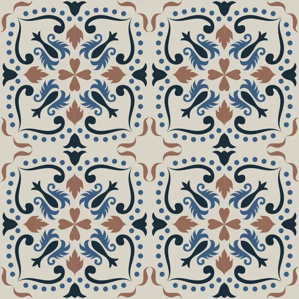 Eski seramik ve Akdeniz dekoratif tasarımından esinlenen çiçek ve geometrik motifleri içeren Retro Pürüzsüz döşeme desenleri. Duvar kağıdı, tekstil, kumaş, ev dekorasyonu, ambalaj kağıdı, arkaplan, yüzey deseni tasarımı için uygun