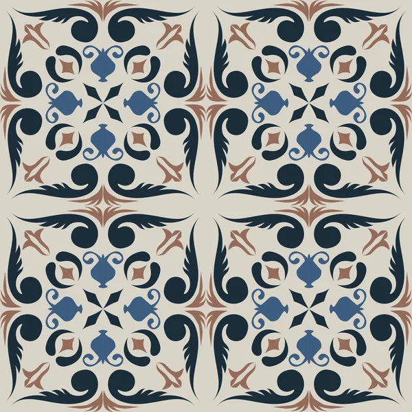 Eski seramik ve Akdeniz dekoratif tasarımından esinlenen çiçek ve geometrik motifleri içeren Retro Pürüzsüz döşeme desenleri. Duvar kağıdı, tekstil, kumaş, ev dekorasyonu, ambalaj kağıdı, arkaplan, yüzey deseni tasarımı için uygun