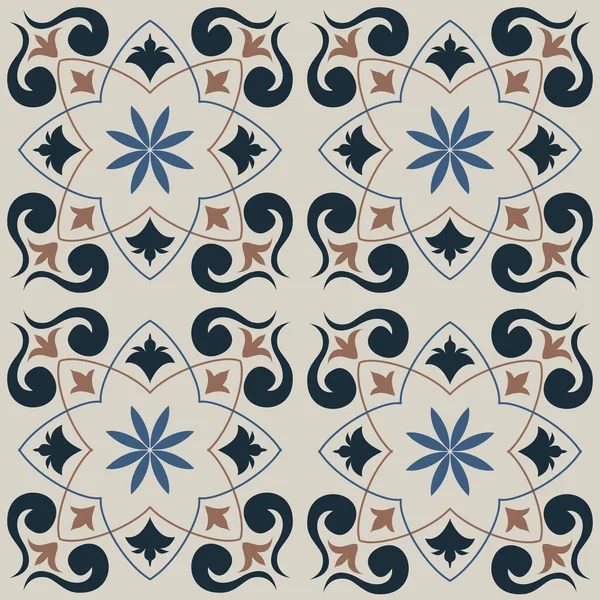 Eski seramik ve Akdeniz dekoratif tasarımından esinlenen çiçek ve geometrik motifleri içeren Retro Pürüzsüz döşeme desenleri. Duvar kağıdı, tekstil, kumaş, ev dekorasyonu, ambalaj kağıdı, arkaplan, yüzey deseni tasarımı için uygun