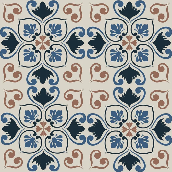 Eski seramik ve Akdeniz dekoratif tasarımından esinlenen çiçek ve geometrik motifleri içeren Retro Pürüzsüz döşeme desenleri. Duvar kağıdı, tekstil, kumaş, ev dekorasyonu, ambalaj kağıdı, arkaplan, yüzey deseni tasarımı için uygun