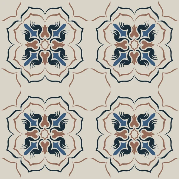 Eski seramik ve Akdeniz dekoratif tasarımından esinlenen çiçek ve geometrik motifleri içeren Retro Pürüzsüz döşeme desenleri. Duvar kağıdı, tekstil, kumaş, ev dekorasyonu, ambalaj kağıdı, arkaplan, yüzey deseni tasarımı için uygun