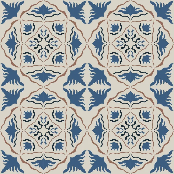 Eski seramik ve Akdeniz dekoratif tasarımından esinlenen çiçek ve geometrik motifleri içeren Retro Pürüzsüz döşeme desenleri. Duvar kağıdı, tekstil, kumaş, ev dekorasyonu, ambalaj kağıdı, arkaplan, yüzey deseni tasarımı için uygun