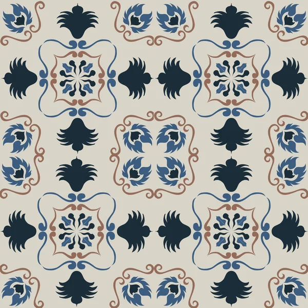 Eski seramik ve Akdeniz dekoratif tasarımından esinlenen çiçek ve geometrik motifleri içeren Retro Pürüzsüz döşeme desenleri. Duvar kağıdı, tekstil, kumaş, ev dekorasyonu, ambalaj kağıdı, arkaplan, yüzey deseni tasarımı için uygun