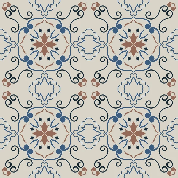 Eski seramik ve Akdeniz dekoratif tasarımından esinlenen çiçek ve geometrik motifleri içeren Retro Pürüzsüz döşeme desenleri. Duvar kağıdı, tekstil, kumaş, ev dekorasyonu, ambalaj kağıdı, arkaplan, yüzey deseni tasarımı için uygun