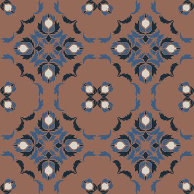 Çiçek ve geometrik motiflerle süslenmiş, klasik seramik ve Akdeniz dekoratif tasarımından esinlenilmiş, dünyevi, pürüzsüz bir fayans deseni.