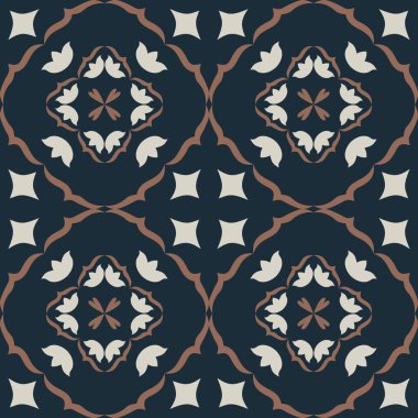 Çiçek ve geometrik motiflerle süslenmiş, klasik seramik ve Akdeniz dekoratif tasarımından esinlenilmiş, dünyevi, pürüzsüz bir fayans deseni.