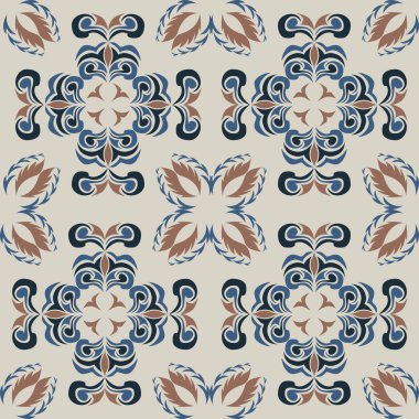 Çiçek ve geometrik motiflerle süslenmiş, klasik seramik ve Akdeniz dekoratif tasarımından esinlenilmiş, dünyevi, pürüzsüz bir fayans deseni.