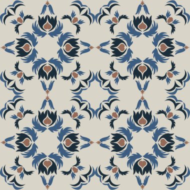 Çiçek ve geometrik motiflerle süslenmiş, klasik seramik ve Akdeniz dekoratif tasarımından esinlenilmiş, dünyevi, pürüzsüz bir fayans deseni.