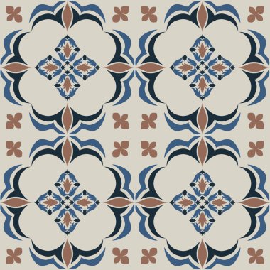 Çiçek ve geometrik motiflerle süslenmiş, klasik seramik ve Akdeniz dekoratif tasarımından esinlenilmiş, dünyevi, pürüzsüz bir fayans deseni.