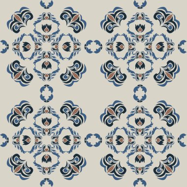 Çiçek ve geometrik motiflerle süslenmiş, klasik seramik ve Akdeniz dekoratif tasarımından esinlenilmiş, dünyevi, pürüzsüz bir fayans deseni.