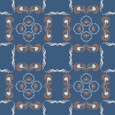 Çiçek ve geometrik motiflerle süslenmiş, klasik seramik ve Akdeniz dekoratif tasarımından esinlenilmiş, dünyevi, pürüzsüz bir fayans deseni.