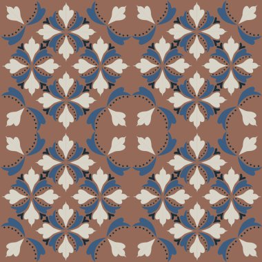 Klasik seramik ve Akdeniz dekoratif tasarımından esinlenilmiş çiçek ve geometrik motiflerle süslenmiş dünyevi, pürüzsüz bir fayans deseni. Duvar kağıdı, tekstil, kumaş için uygun