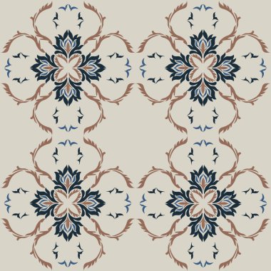 Klasik seramik ve Akdeniz dekoratif tasarımından esinlenilmiş çiçek ve geometrik motiflerle süslenmiş dünyevi, pürüzsüz bir fayans deseni. Duvar kağıdı, tekstil, kumaş için uygun