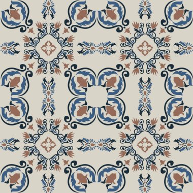 Klasik seramik ve Akdeniz dekoratif tasarımından esinlenilmiş çiçek ve geometrik motiflerle süslenmiş dünyevi, pürüzsüz bir fayans deseni. Duvar kağıdı, tekstil, kumaş için uygun