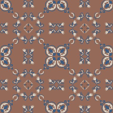 Klasik seramik ve Akdeniz dekoratif tasarımından esinlenilmiş çiçek ve geometrik motiflerle süslenmiş dünyevi, pürüzsüz bir fayans deseni. Duvar kağıdı, tekstil, kumaş için uygun