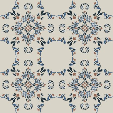 Klasik seramik ve Akdeniz dekoratif tasarımından esinlenilmiş çiçek ve geometrik motiflerle süslenmiş dünyevi, pürüzsüz bir fayans deseni. Duvar kağıdı, tekstil, kumaş için uygun