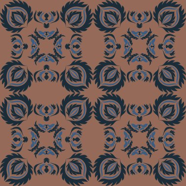 Klasik seramik ve Akdeniz dekoratif tasarımından esinlenilmiş çiçek ve geometrik motiflerle süslenmiş dünyevi, pürüzsüz bir fayans deseni. Duvar kağıdı, tekstil, kumaş için uygun